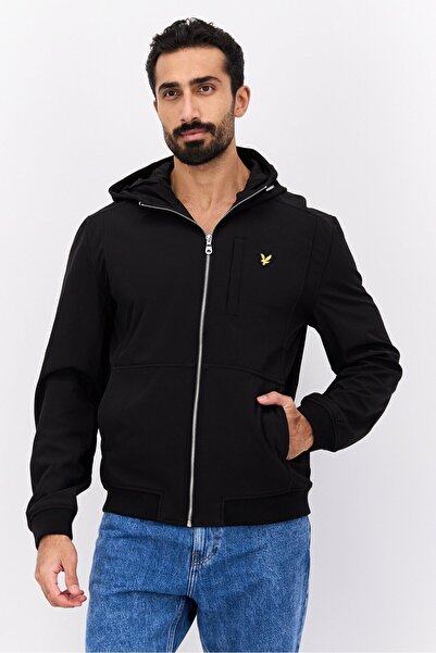 Lyle & Scott سترة واقية من الرياح بشعار مطرز للرجال، باللون الأسود