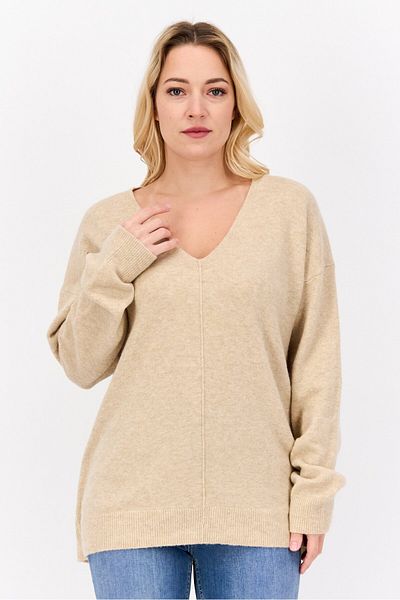 Esprit Women V-neck Textured Sweater, Beige