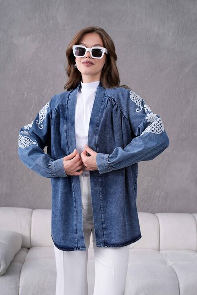 Miss Allos Kadın Arkası Ve Kolları Nakışlı İnci Detaylı Kot Kimono Ceket