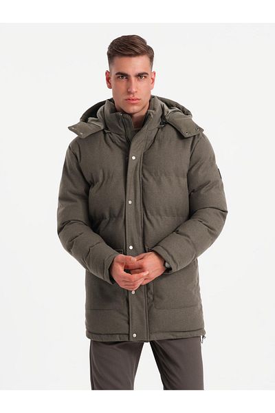 OMBRE Pánská dlouhá teplá bunda parka s vlnou - tmavě šedá melange V4 OM-JALJ-0217 M