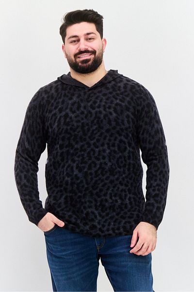 INC Men Cheetah Print, Long Sleeves Hooded Sweater, Deep Black