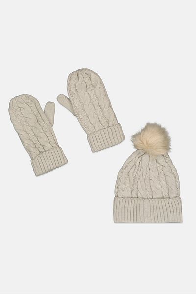 French Connection Women 2 Piece Textured Beanie With Gloves, Beige