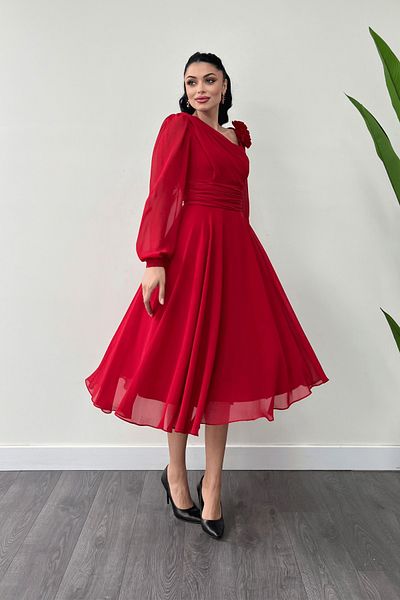 giyimmasalı Red Midi Dress - Chiffon Fabric and Rose Detail