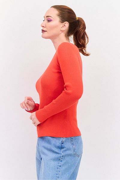 Esprit Women Crew Neck Long Sleeve Textured Sweater, Orange