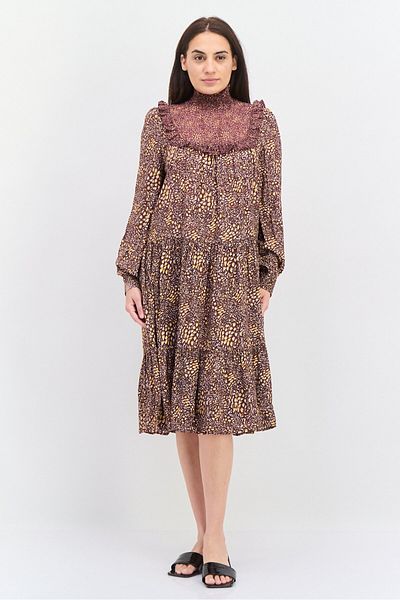 French Connection Women Allover Printed Midi Dress, Brown Combo