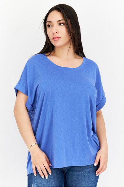 Tchibo Women Crew Neck Short Sleeve Plain T Shirt, Blue