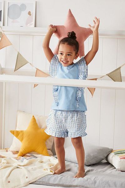 Tchibo Kids Girl Gingham Woven Shorts, Light Blue and White