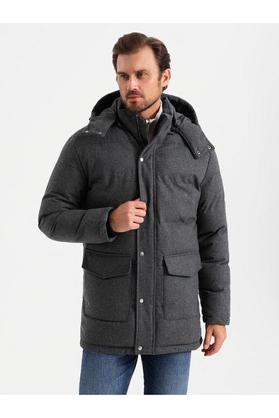 OMBRE Ανδρικό μακρύ ζεστό μπουφάν parka με μαλλί - μαύρο μελανζέ V2 OM-JALJ-0217 XXL