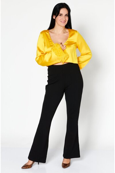 NA-KD Women Tie Neck Long Sleeve Faux Feather Satin Top, Yellow