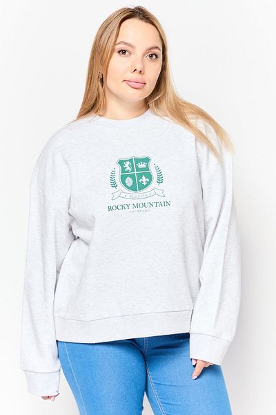 Mode Women Crew Neck Long Sleeve Graphic Sweatshirt, Light Grey