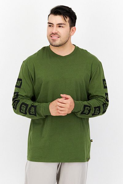 Cat Men Crew Neck Long Sleeve Brand Logo T-Shirts, Dark Green
