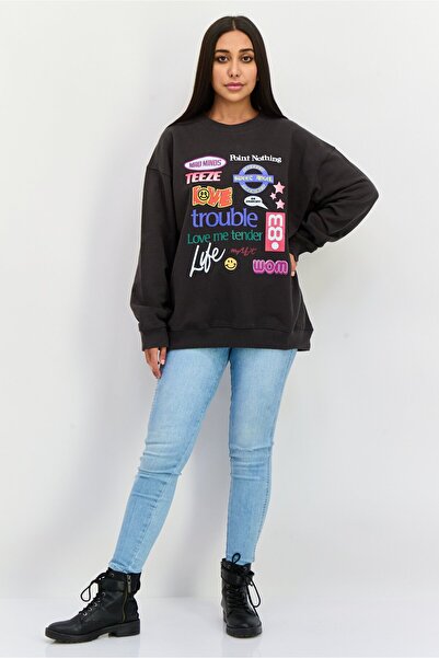 Misfit Women Crew Neck Long Sleeve Graphic Print Sweatshirts, Wash Black