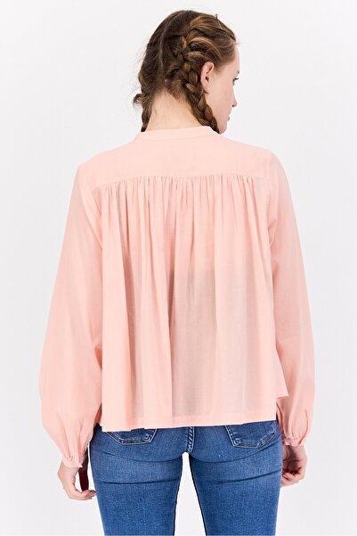 Scotch & Soda Women Band Collar Long Sleeve Pleated Blouse, Light Peach