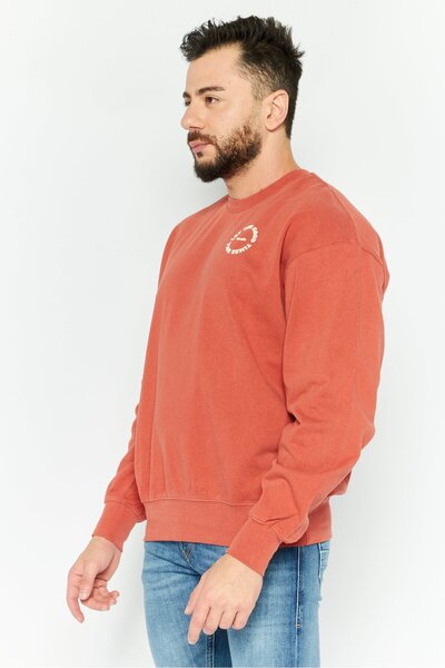 WRANGLER Men Crew Neck Brand Logo Long Sleeves Sweatshirt, Rust Brown