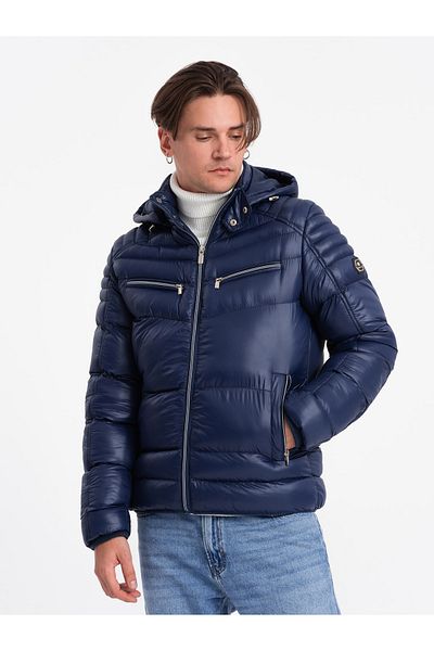 OMBRE Silně zateplená prošívaná pánská bunda s odepínací kapucí - tmavě modrá V2 OM-JAHP-22FW-010 XXL