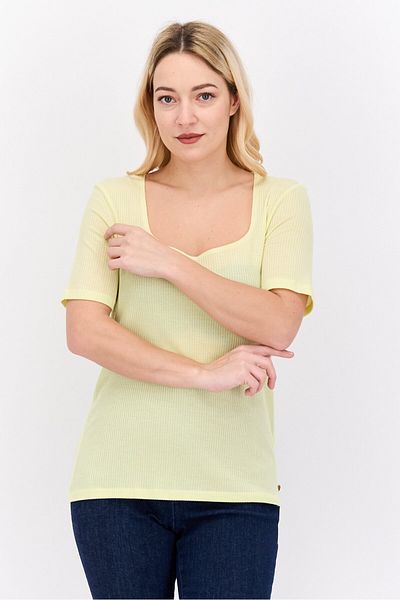 Scotch & Soda Women Square Neck Short Sleeve Ribbed Top, Yellow