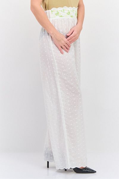 Lost Ink Women Regular Fit Embroidered Pants, White Combo
