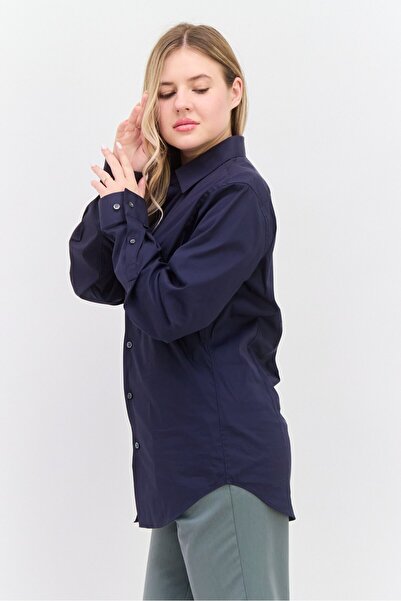 THEORY Women Pointed Collar Long Sleeve Solid Shirt, Navy