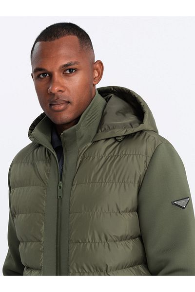 OMBRE Ανδρικό καπιτονέ bomber jacket με ψηλό γιακά - σκούρο λαδί V3 OM-JALP-0140 XXL