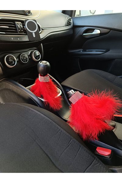 Oto Aksesuarcım Red Gear Shift Model - Ornamental Crystal Stone with Handbrake and Feather