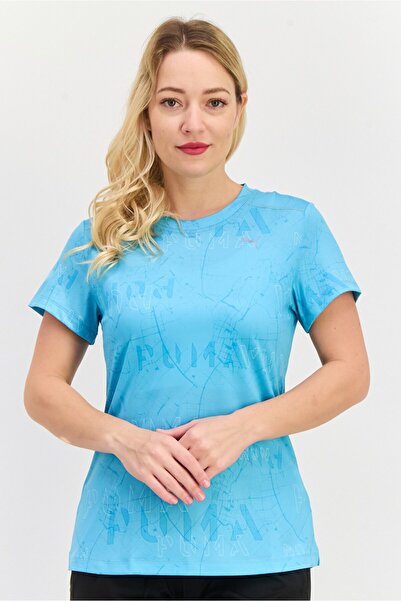 Puma تي شيرت رياضي نسائي بأكمام قصيرة للجري، أزرق