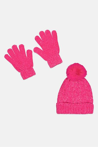 Laundry by Shelli Segal Women 2pcs Cable Knit Beanie And Gloves Set, Dark Pink