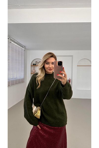 Sezgi Tekin Premium Series Crew Neck Oversize Khaki Soft Sweater