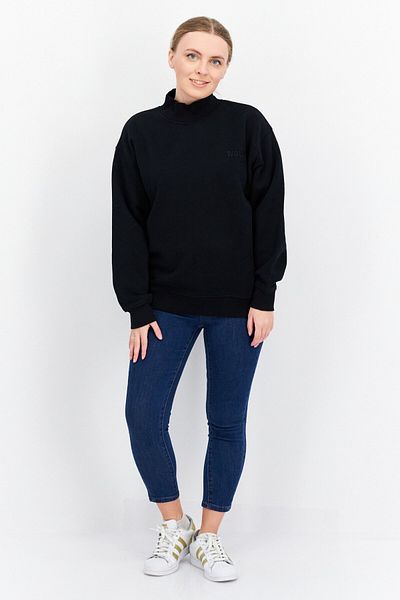 WSLY Women Oversize Mock Neck Embroidered Long Sleeves Sweatshirt, Black