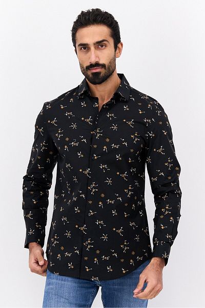 Perry Ellis قميص رجالي كاجوال بقصّة مطاطية وأكمام طويلة وطبعة زهور، متعدد الألوان