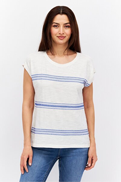 Esprit Women Round Neck Cap Sleeves Embroidered Shirt, White