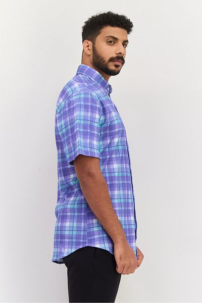 TailorByrd Men Regular Fit Plaid Short Sleeve Casual Shirt, Purple