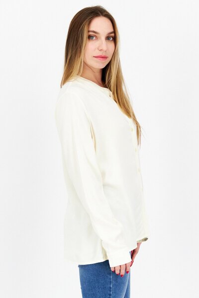 Tchibo Women Band Collar Long Sleeve Solid Top, Beige