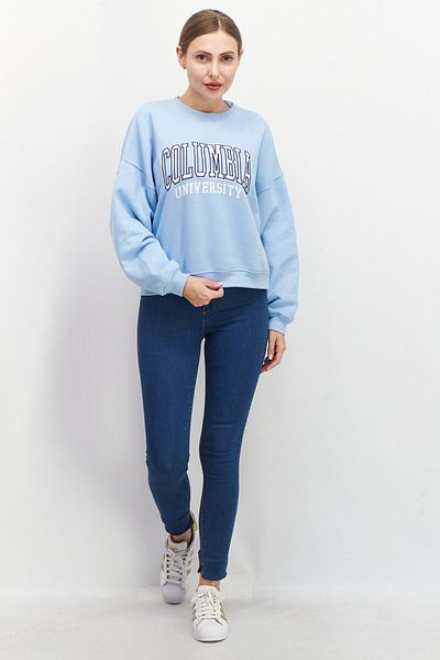 Don't Call Me Jennyfer Women Crew Neck Embroidered Fleece Long Sleeve Sweatshirts, Light Blue