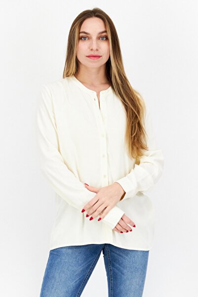 Tchibo Women Band Collar Long Sleeve Solid Top, Beige