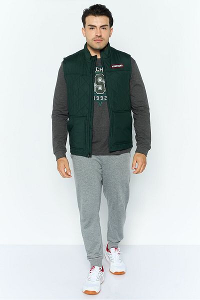 SKECHERS Men Sportswear Fit Brand Logo Outdoor Puffer Vest, Dark Green