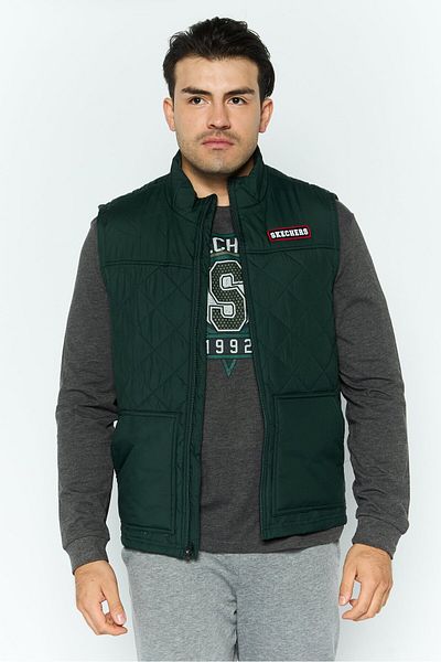 SKECHERS Men Sportswear Fit Brand Logo Outdoor Puffer Vest, Dark Green