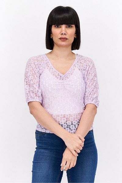 PIECES Women V Neck Short Sleeves Textured Blouse, Lavender