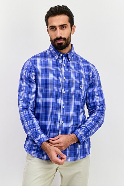 Chaps Men Regular Fit Checkered Long Sleeve Casual Shirt, Blue