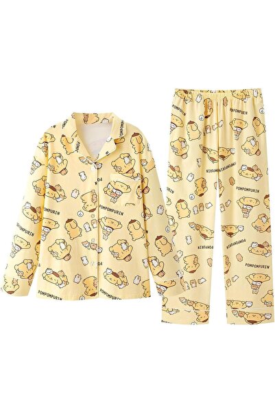 CSR HOMEWEAR Kadın Uzun Kollu Düğmeli Pijama Takımı POMPOM