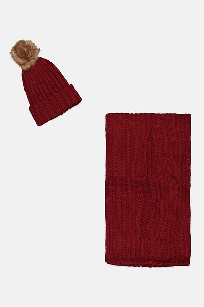 Rampage Women 2 Piece Knitted Scarf And Beanie Set, Maroon