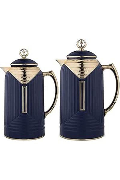 ALSAIF 2 Pieces Coffee And Tea Vacuum Flask Set Size: 0.7/1.0 L Color: Dark Blue/gold