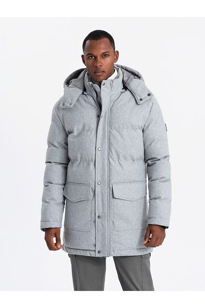 OMBRE Teplá pánská dlouhá bunda parka s vlnou - světle šedá melanž V3 OM-JALJ-0217 XL