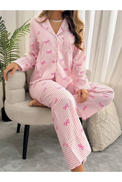 CSR HOMEWEAR Set pijama cu mânecă lungă, cu nasturi, pentru femei, panglică roz