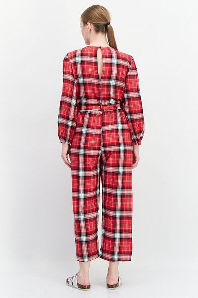 BOOHOO Women Checkered Long Sleeve Jumpsuit, Red Combo