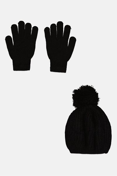 Laundry by Shelli Segal Women 2pcs Cable Knit Beanie And Gloves Set, Black