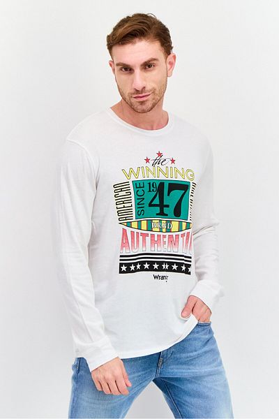 WRANGLER Men Crew Neck Long Sleeve Graphic T Shirt, White Combo