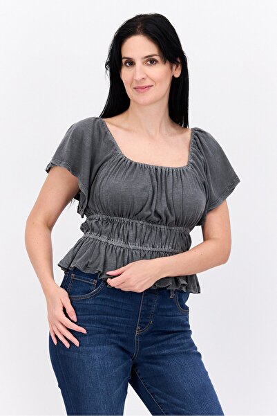 LUCKY BRAND Women Square Neck Short Sleeves Plain Top, Dark Grey