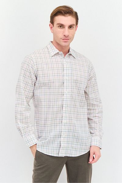 VAN HEUSEN Men Regular Fit Plaid Long Sleeves Dress Shirt, White Combo