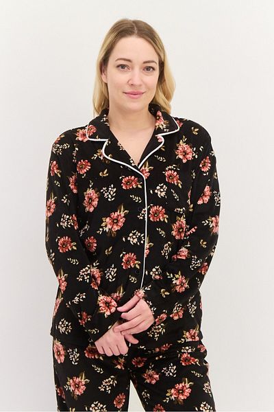 Jones of New York Women 2 Pieces Floral Print Top And Pajama Set, Black
