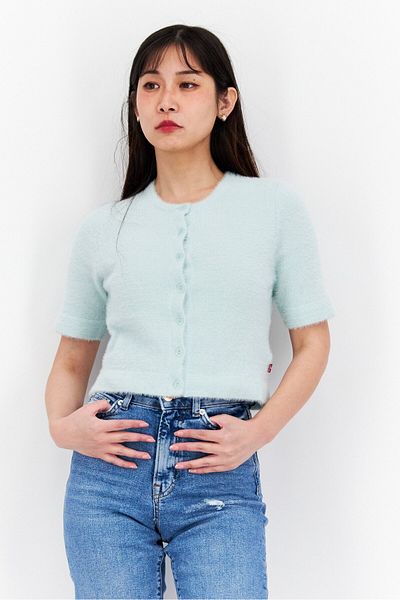 Levi's Women Crew Neck Short Sleeves Faux Fur Blouse, Mint Green